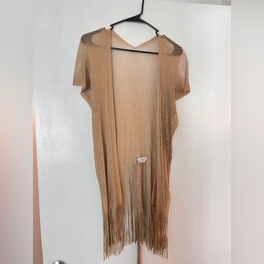 Luli Fama Finge Short Caftan in Gold Rush coverup